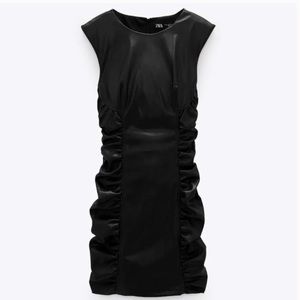 ZARA RUCHED FAUX LEATHER DRESS BLACK